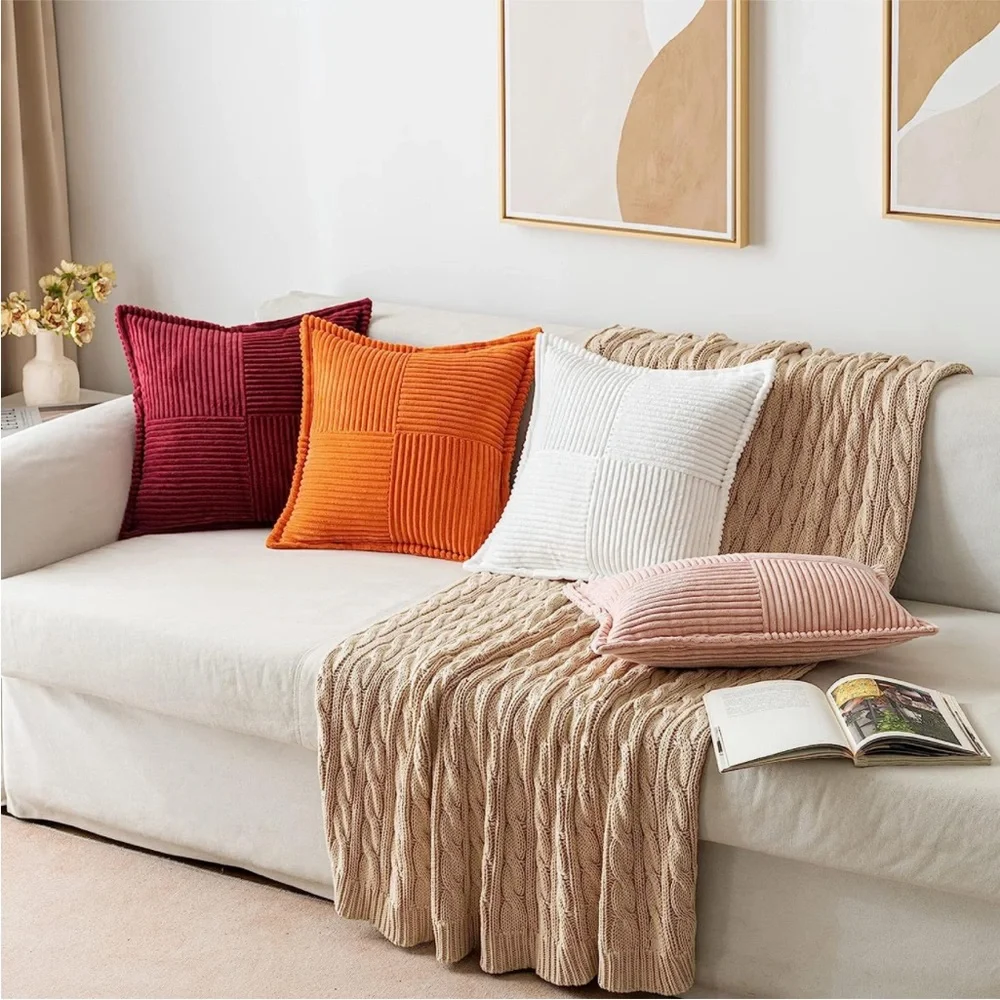 Orange Striped Texture Corduroy Decorative Farmhouse Luxury Soft Pillow CoverSet